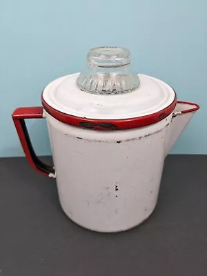 Vintage Enamel Coffee Pot White And Red Trim Farmhouse Rustic Camping Coffee Pot • $22