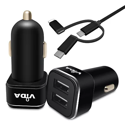 2-Port Cigarette Lighter USB Charger For Car With Charging Cable For Phone USB-C • £9.99