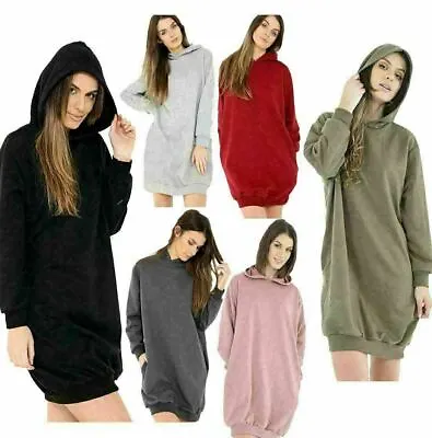 £14.99 • Buy Womens Side Pockets Hooded Sweatshirt Ladies Plain Oversized Baggy Tunic Dress 