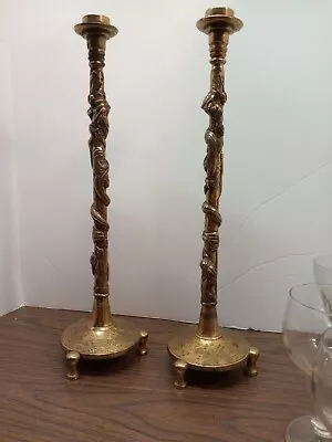 $29.99 • Buy RARE Vtg BRASS CANDLE HOLDERS' RAZED DRAGON DESIGN All AROUND SET 2 COLLECTIBLE