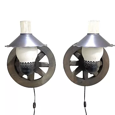 Wagon Wheel Wall Sconces Set 2 Frosted Hurricane Globes Cabin Farmhouse Rustic  • $275