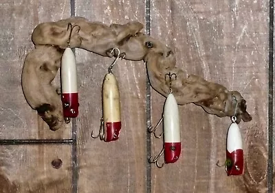 Vintage 4 Red And White Fishing Lures On Driftwood Wall Display Babe-Oreno Et Al • $22.95