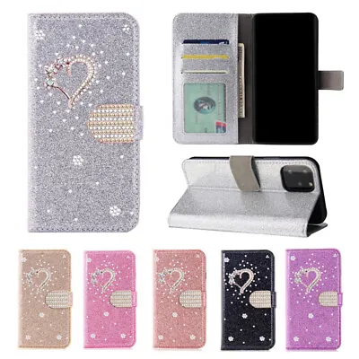 For Samsung S9 S10 S21 S23 Plus S24 Ultra Bling Heart Folio Leather Wallet Case • $10.99