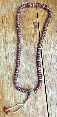 Tibetan Red Bone Mala Beads Necklace Yak W/Inlaid Turquoise Coral Large Guru Bd • $49