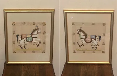 Pair Antique Gold Framed Asian Mughal Horse Equestrian Watercolor Silk Paintings • $350