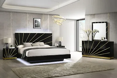 Modern Italian 4PC Gloss Black Gold LED Queen King Bed Set Minimalist Furniture • $1979.99