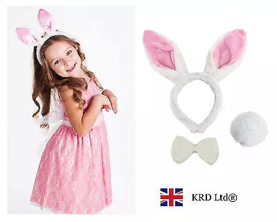 3 Pcs Rabbit PINK Bunny Ears Headband Tail Bow Easter Party Kids Fluffy Costume • £3.60