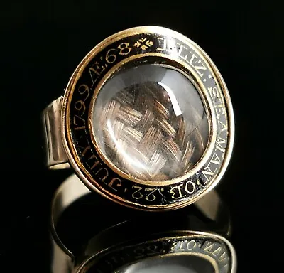 £1599 • Buy Antique Georgian Mourning Ring, 12ct Gold, Hairwork, 18th Century, Black Enamel 