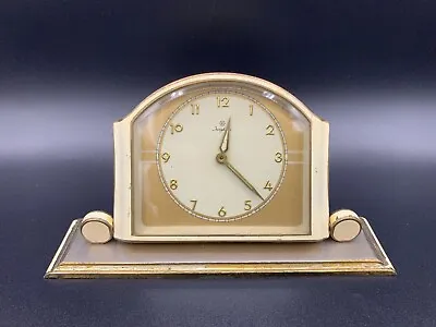 Art Deco German JUNGHANS Desk Top Mantel Clock Faceted Glass Front White Enamel • $386.59