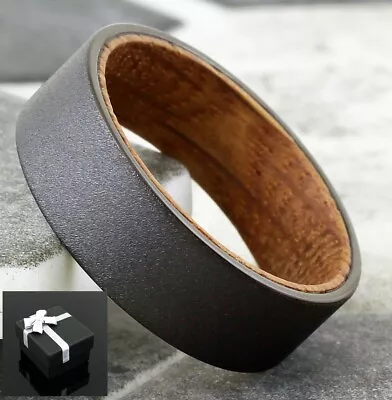 Tungsten Men's Ring Black Sand-Blasted Brushed Whiskey Barrel Wood Wedding Band • $16.99