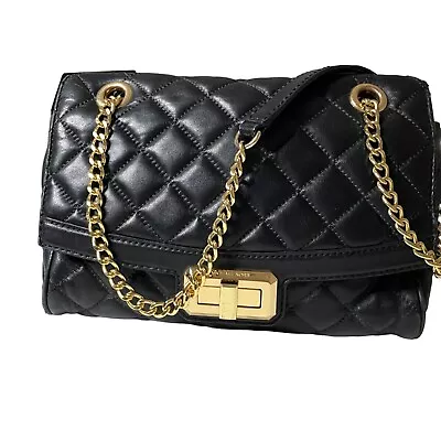 Michael Kors Hannah Crossbody Quilted Leather Gold Chain Turn Lock Purse Black • $76.80