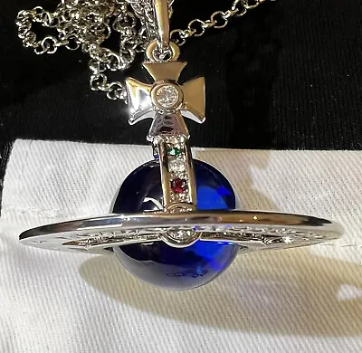 Vivienne Westwood Nana Big Orb Necklace Pendant Silver Tone Sapphire Blue#127 • $107