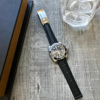 £35 • Buy Black Leather Watch Strap Band 20mm For Rolex Daytona Submariner GMT Datejust