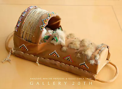 $3600 • Buy Amazing! Vtg Orig. Apache Tribe Papoose & Doll! Bead Art Fur Rawhide Indian 1950