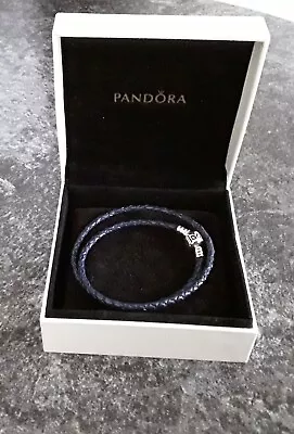 Pandora  Silver  + Blue  Double Leather Bracelet  37 Cms   Long    With Box  • £22