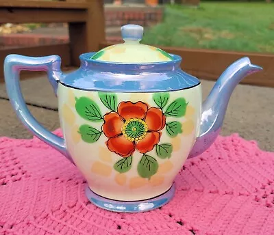 1950's Japanese Lusterware Tea Pot Hand Painted Blue Floral Mid Century Vintage • $15