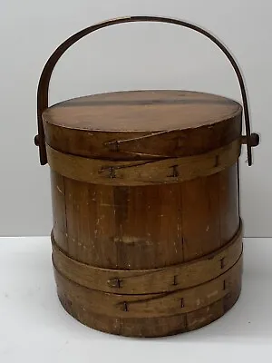 Antique Primitive Firkin Lovely Shaker 10  X 10  Wood Sugar Bucket Lid & Handle • $69.99