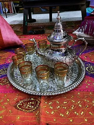 Moroccan Handmade Silver Tea Set Tea PotTea TraySet Of 6 Tea Cups Large NEW • $185