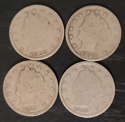 1905-1908 LOT OF 4 Liberty Head  V  Nickels! • $7