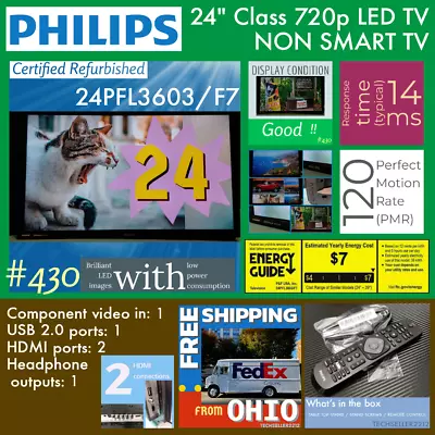 Philips 24  Class 720p LED TV (24PFL3603/F7) With Remote & Stand / NON SMART TV • $60.30