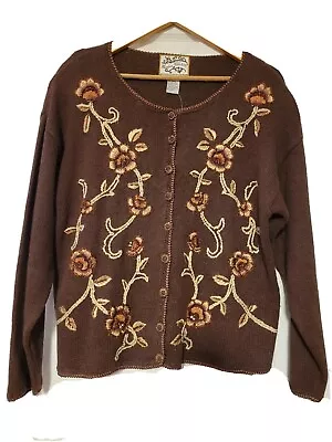 Heirloom Collectibles Brown Cardigan Size Large Floral Metallic Sweater New Vtg • $29