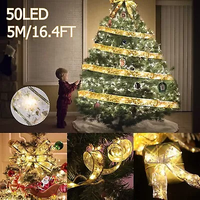 Christmas Ribbon Bows Fairy String Lights Party Xmas Tree Decor 16.4FT 50 LED US • $9.95