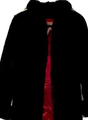 RED SATIN Marvin Richards Long Women’s  100% Lambs Wool Coat Fur Collar 6 Fits 8 • £336.83