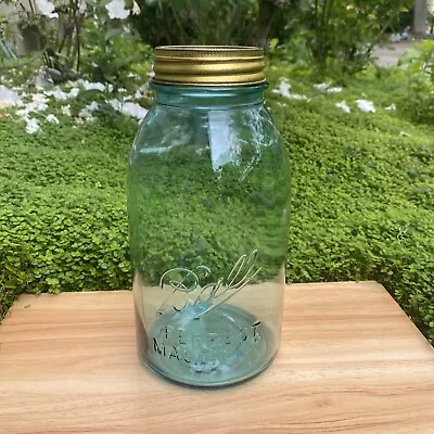 Vintage Antique Ball Perfect Mason Jar Half Gallon Aqua With Glass Lid No 10 • $15