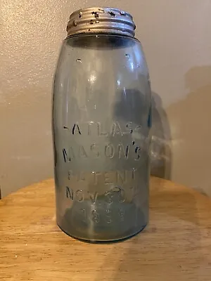 Vintage ATLAS MASON’S Aqua 1/2 Gallon Jar PATENT NOV. 30TH 1858 With Lid RARE • $12