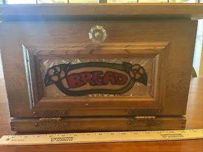 Vintage Solid Wooden Bread Box  Window Stenciled Rustic Charm Kitchen • $34.98