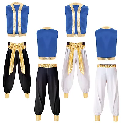 UK Men's Arabian Prince Costume Open Front Vest Belted Pants Role Play Outfits • £14.15