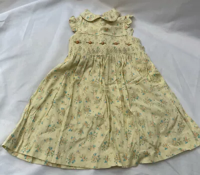 Laura Ashley Girls Dress Size 2 Yrs Yellow Floral Short Cap Sleeve Collar Cotton • £9.59