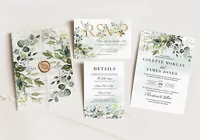 Personalised Wedding Invitations - Green Leaves Suite - Vellum Wraps Available • £8.99