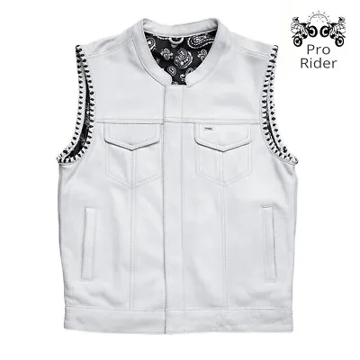 Club Men's White Leather Concealed Biker Fashion Black Paisley Lining Vest • $114.99