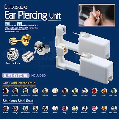 Disposable Ear Piercing Unit Kit - Birthstones Silver Gold Stud Earring Gun Home • £1.99