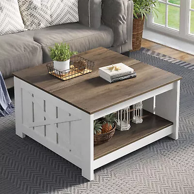 Farmhouse Square Coffee Table With Open Storage Compartment Wood Cocktail Table • $86.99