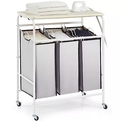 VEVOR 3-Section Laundry Sorter Cart Rolling With Ironing Board & Removable Bags • $53.99