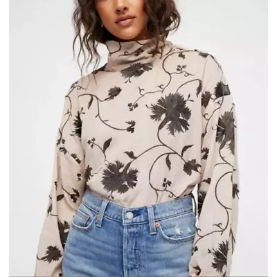 Free People Mirabella Petal Blossom Embroidered 100% Cotton Turtleneck Top Sz M • $48