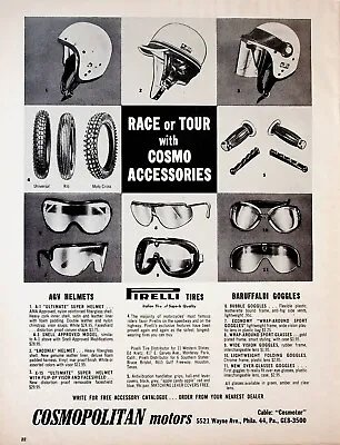 1964 Cosmopolitan Motorcycle Accessories Baruffaldi Pirelli Helmets - Vintage Ad • $11.87