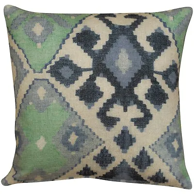 Linen Printed Kilim Ikat Cushion. Double Sided. 17x17  . Jade Green / Blue • £22.99