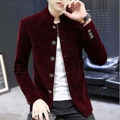 Mens Slim Fit Velvet Jacket Chinese Tunic Suit Jacket Stand Collar Coat Casual • $36.78