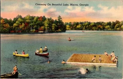  Postcard Canoeing On Beautiful Lake U.S. Hwy 60 Near Macon GA Georgia     H-410 • $22.79
