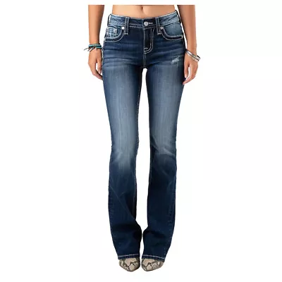 MISS ME Womens Blinged Winged Mid Rise Dark Blue Bootcut Jeans (M5082B118) • $79