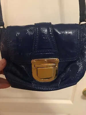 MICHAEL KORS Charlton Blue Patent Leather Flap Crossbody Push-Button Gold Hdwr • $15