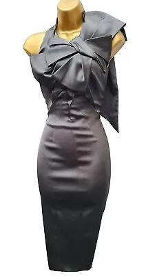 UK 8 KAREN MILLEN Grey Signature Satin Folded Bow Halterneck Party Pencil Dress • £59.99