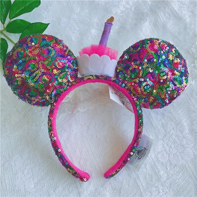 US Disney Parks Happy Birthday Cupcake Cake Sequined Minnie Mickey Ears Headband • $15.99