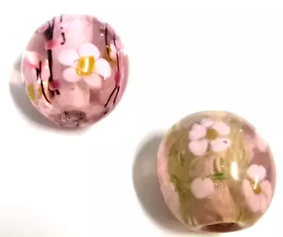 Two Extra Large (22mm) Handmade Lamp-work Glass Beads - Pink With White Blossom • £1