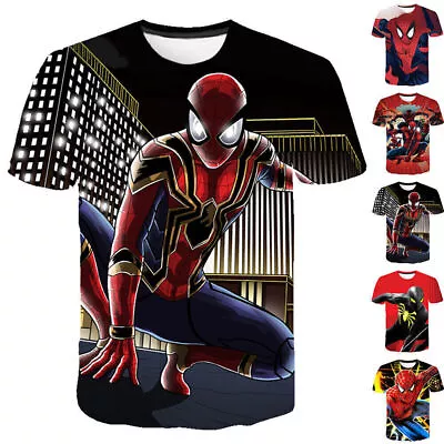 Kids Boys Spider-man T-Shirt Tops Short Sleeve Blouse Summer Tee Marvel Print UK • £8.87