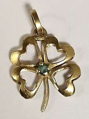 Vintage 18K Yellow Real Gold Four Leaf Clover Emarald Stone Pendant Charm  • $229.99
