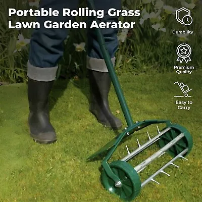 Portable Rolling Grass Lawn Garden Aerator Steel Spike Roller Adjustable Handle  • £24.99